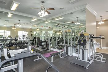A gym with a variety of equipment including treadmills, weights, and exercise machines.